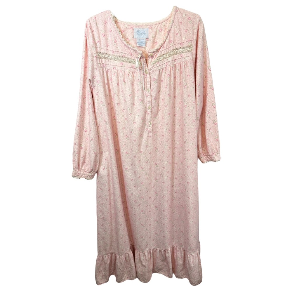 Ashley Taylor Large Nightgown VTG Cottagecore‎ Pink Flannel Long Sleeve 1215